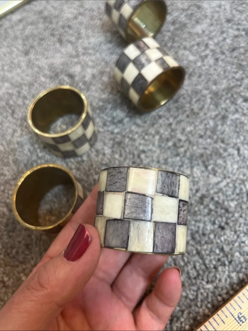 Checkerboard Napkin Rings Ivory and Gray Set of 5
